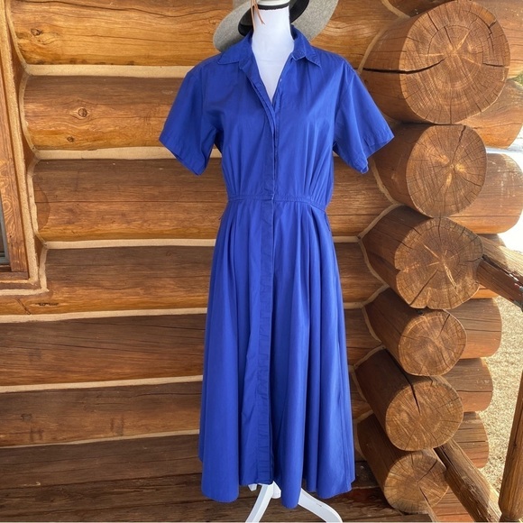 Lands' End Dresses & Skirts - Vtg LANDS’ END Vintage Cobalt Navy blue pleated Shirt Dress Womens size M